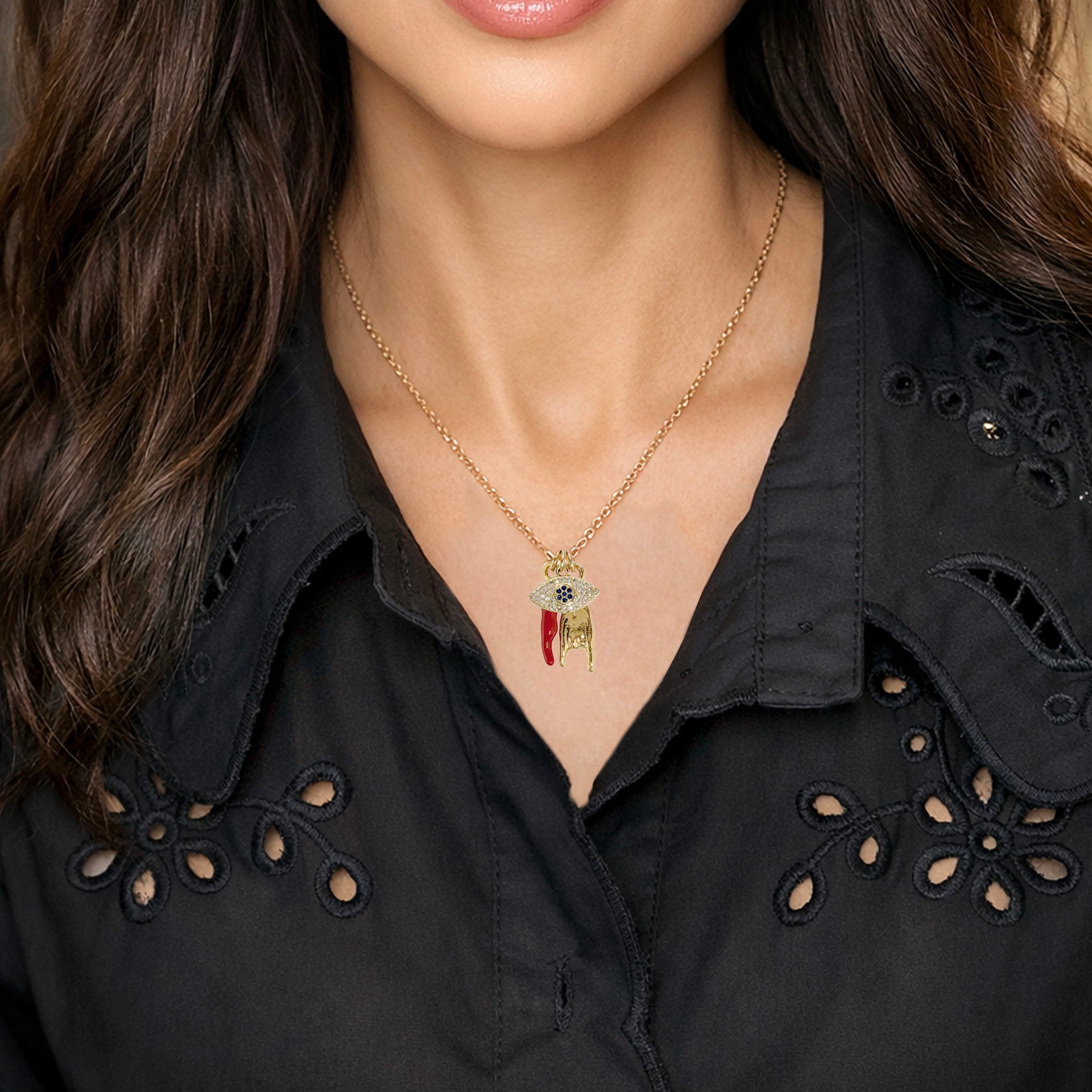 Love Lisa Mariano Italian horn delicate protection charm necklace model wearing Italian horn protection charm necklace