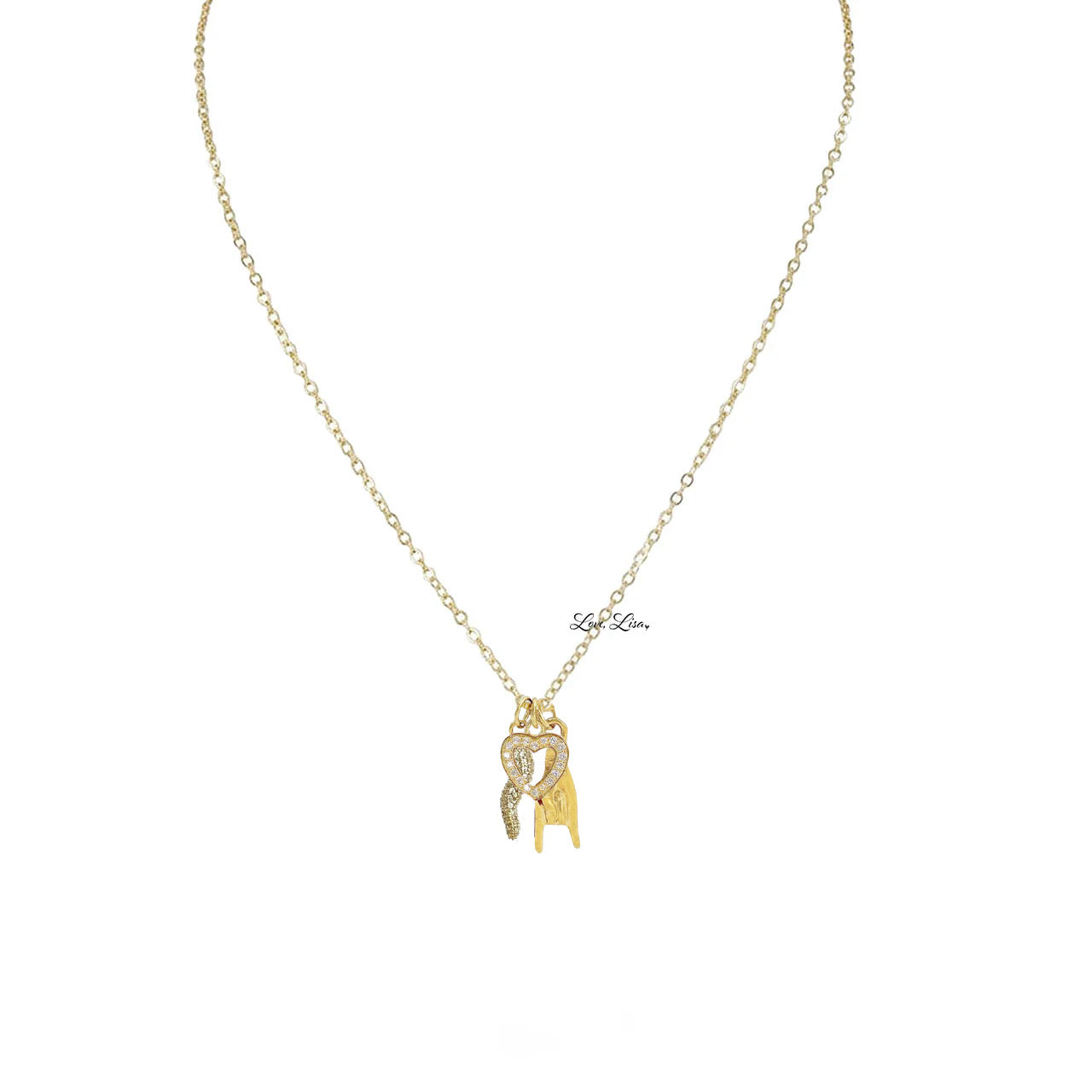 Love Lisa Mariano Italian horn delicate protection charm necklace pave Italian horn heart mano protective charm necklace in gold