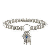 silver italian horn evil eye bracelet with pave horn charm and crystal evil eye and mano charm on stretch bracelet
