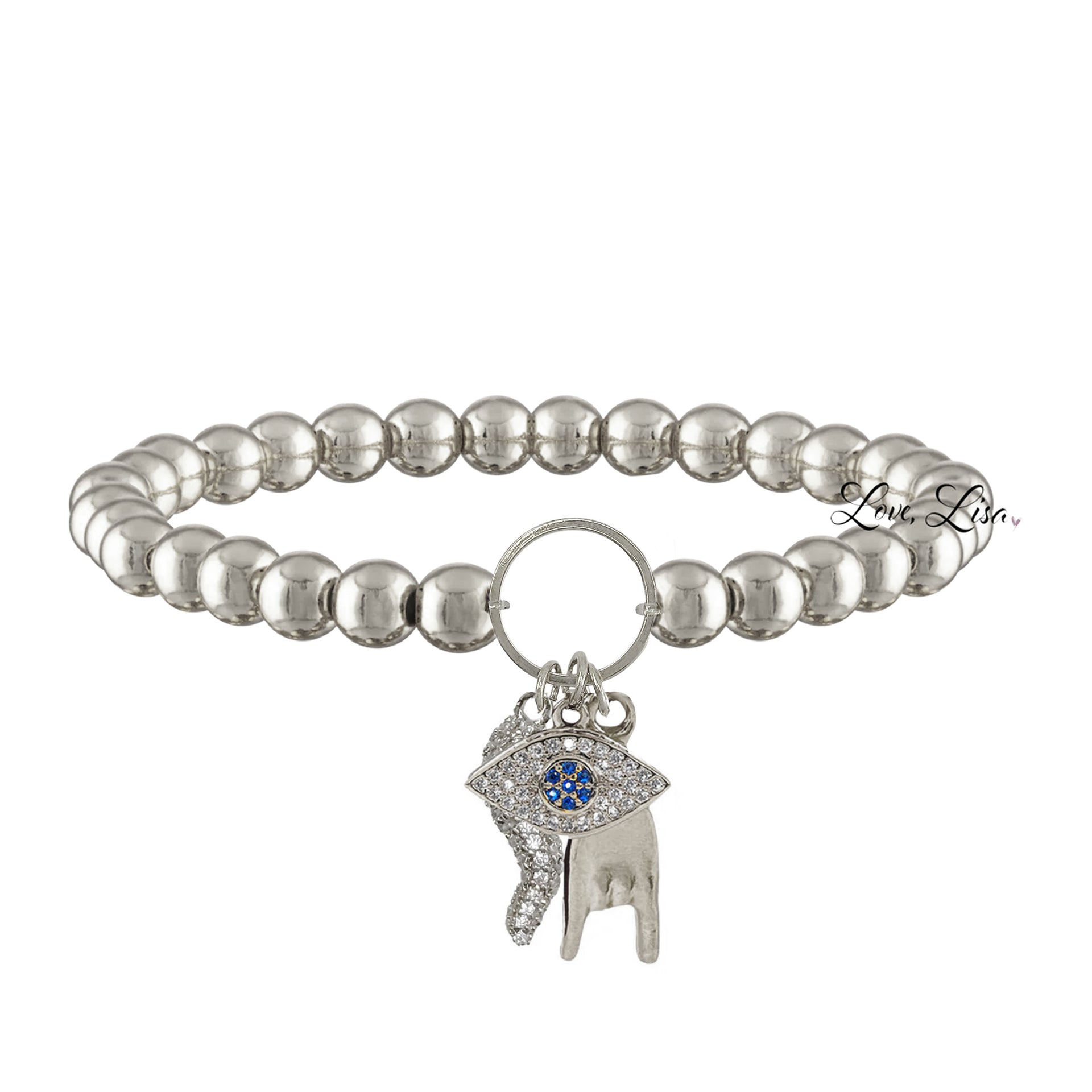 silver italian horn evil eye bracelet with pave horn charm and crystal evil eye and mano charm on stretch bracelet
