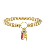 Love Lisa gold italian horn evil eye bracelet red enamel horn charm with mano cornuta and crystal evil eye on 6mm beaded stretch bracelet
