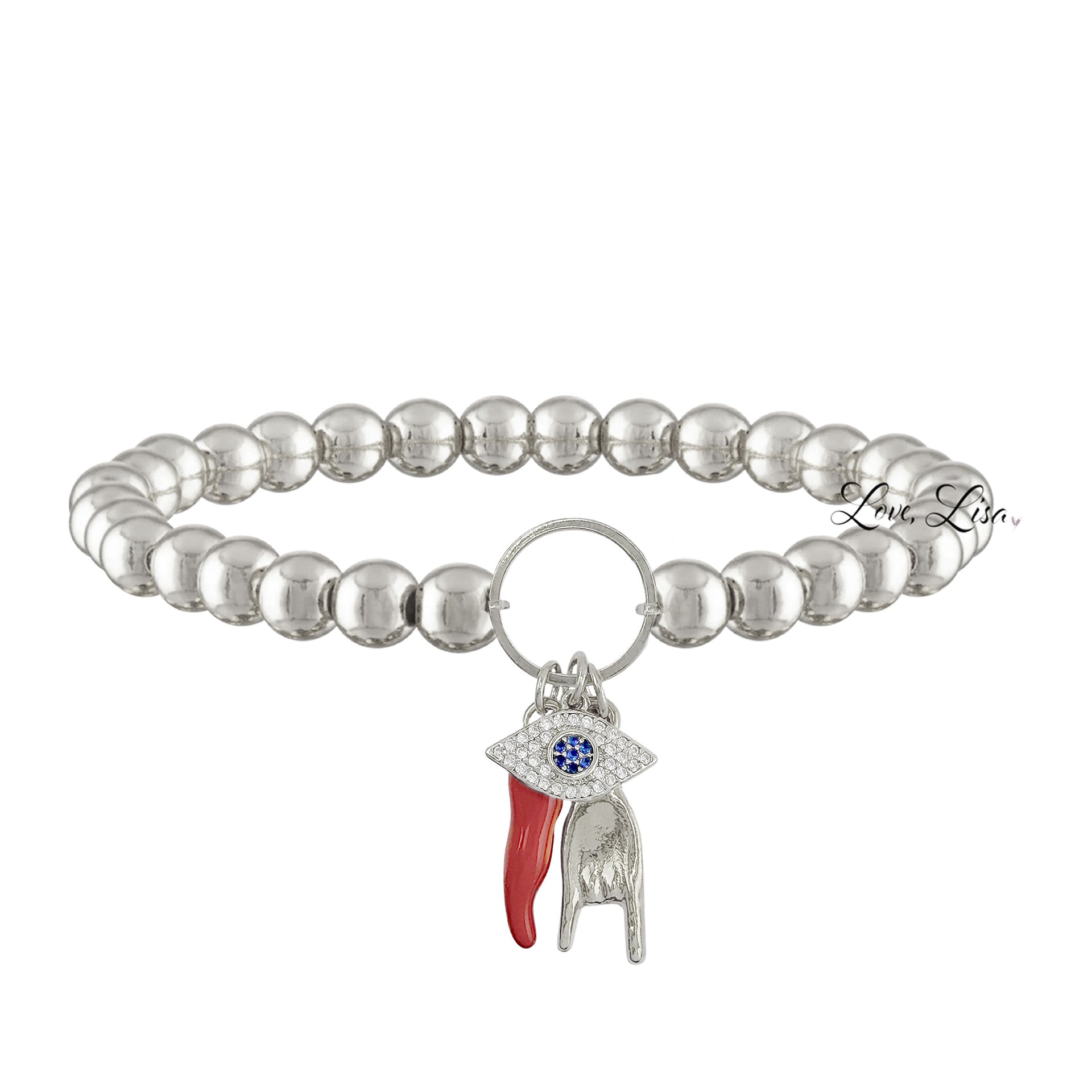 silver italian horn evil eye bracelet red enamel horn charm with evil eye and mano cornuta on 6mm bead bracelet
