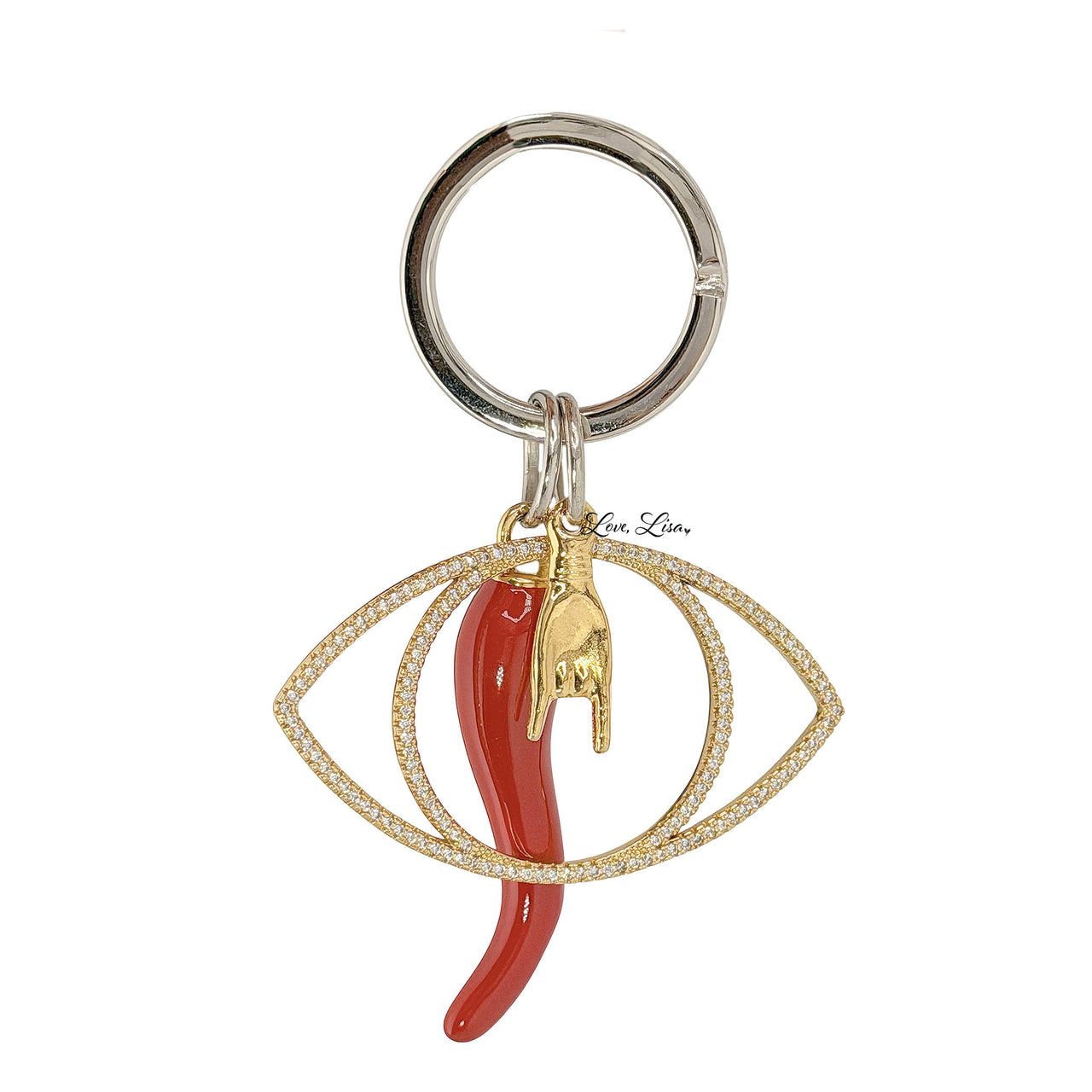 Love Lisa Mariano Italian Horn Evil Eye Keychain in gold with red horn charm mano cornuto hand charm and pavé evil eye detail
