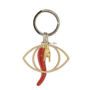 Love Lisa Mariano Italian Horn Evil Eye Keychain in gold with red horn charm mano cornuto hand charm and pavé evil eye detail