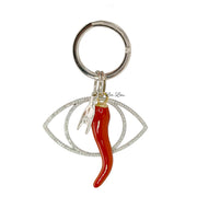 Mariano Italian Horn Evil Eye Keychain in silver with red Italian horn charm mano hand charm and pavé evil eye detail