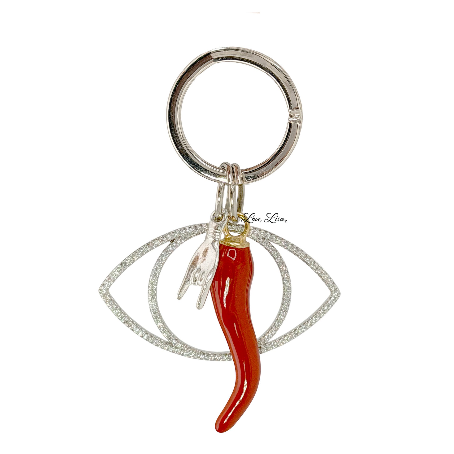 Mariano Italian Horn Evil Eye Keychain in silver with red Italian horn charm mano hand charm and pavé evil eye detail