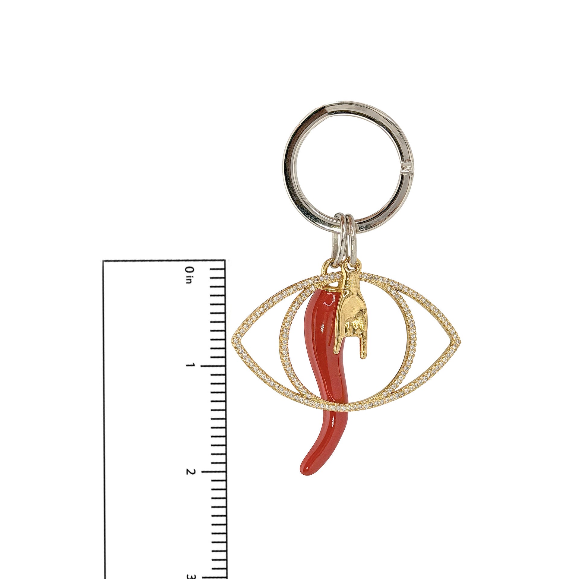 Love Lisa Mariano Italian Horn Evil Eye Keychain shown with size reference in gold and silver protection charm styles