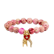 Love Lisa Mariano Italian Horn Evil Eye Gemstone Bracelet in Gold Protection style with pink fossil gemstone beads, red enamel heart evil eye charm, and gold-pave italian horn  protection charms