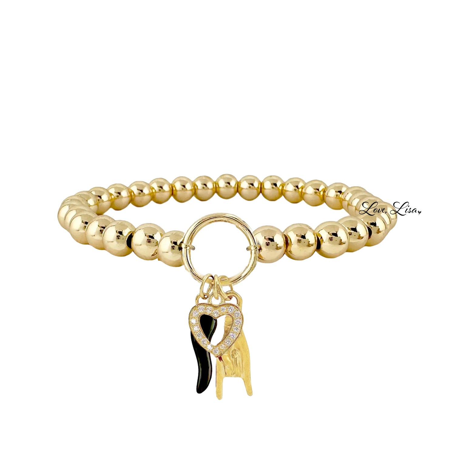 gold italian horn heart charm bracelet with black enamel horn pavé heart and mano cornuta on beaded stretch bracelet
