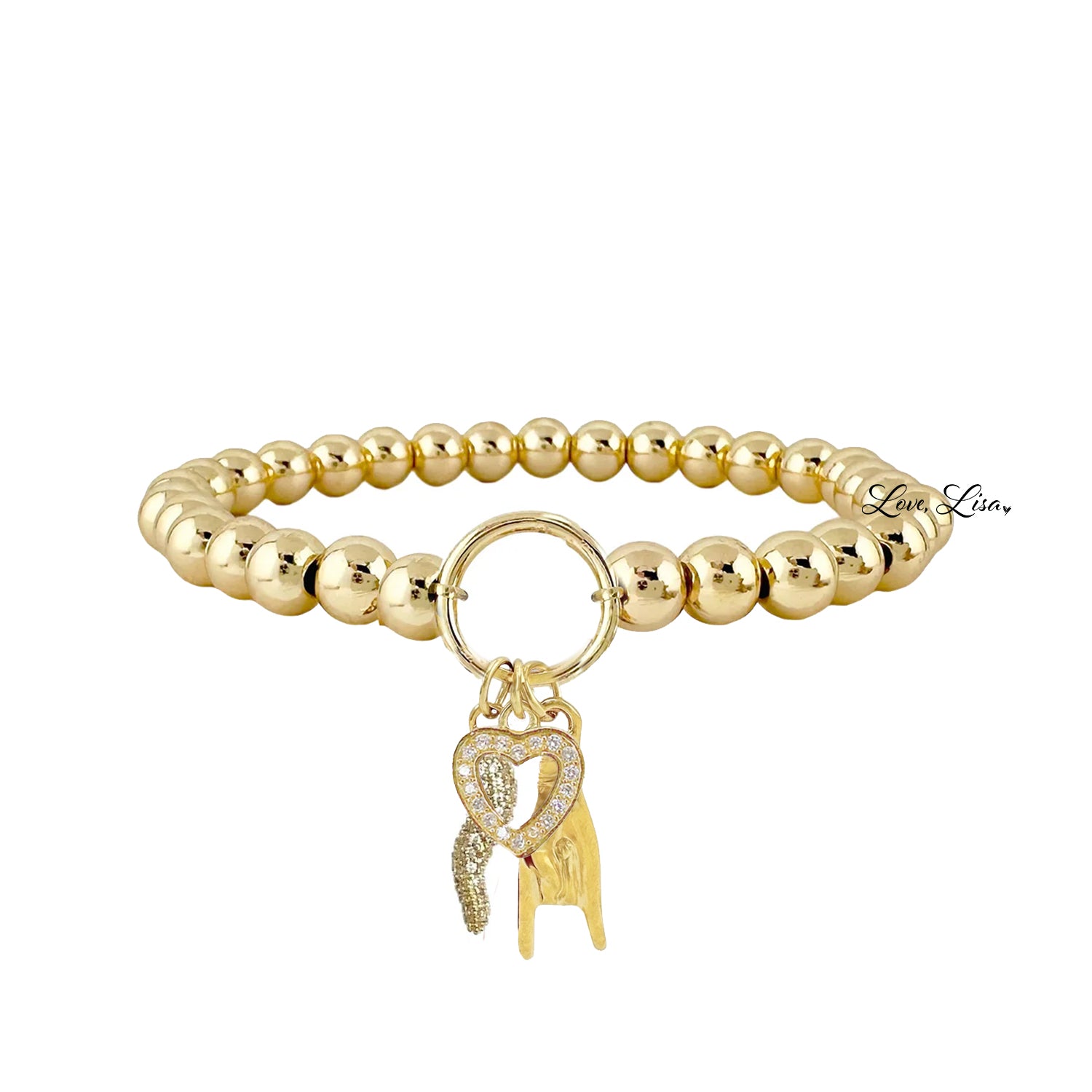 gold italian horn heart charm bracelet with gold pave horn pavé heart and mano cornuta on beaded stretch bracelet
