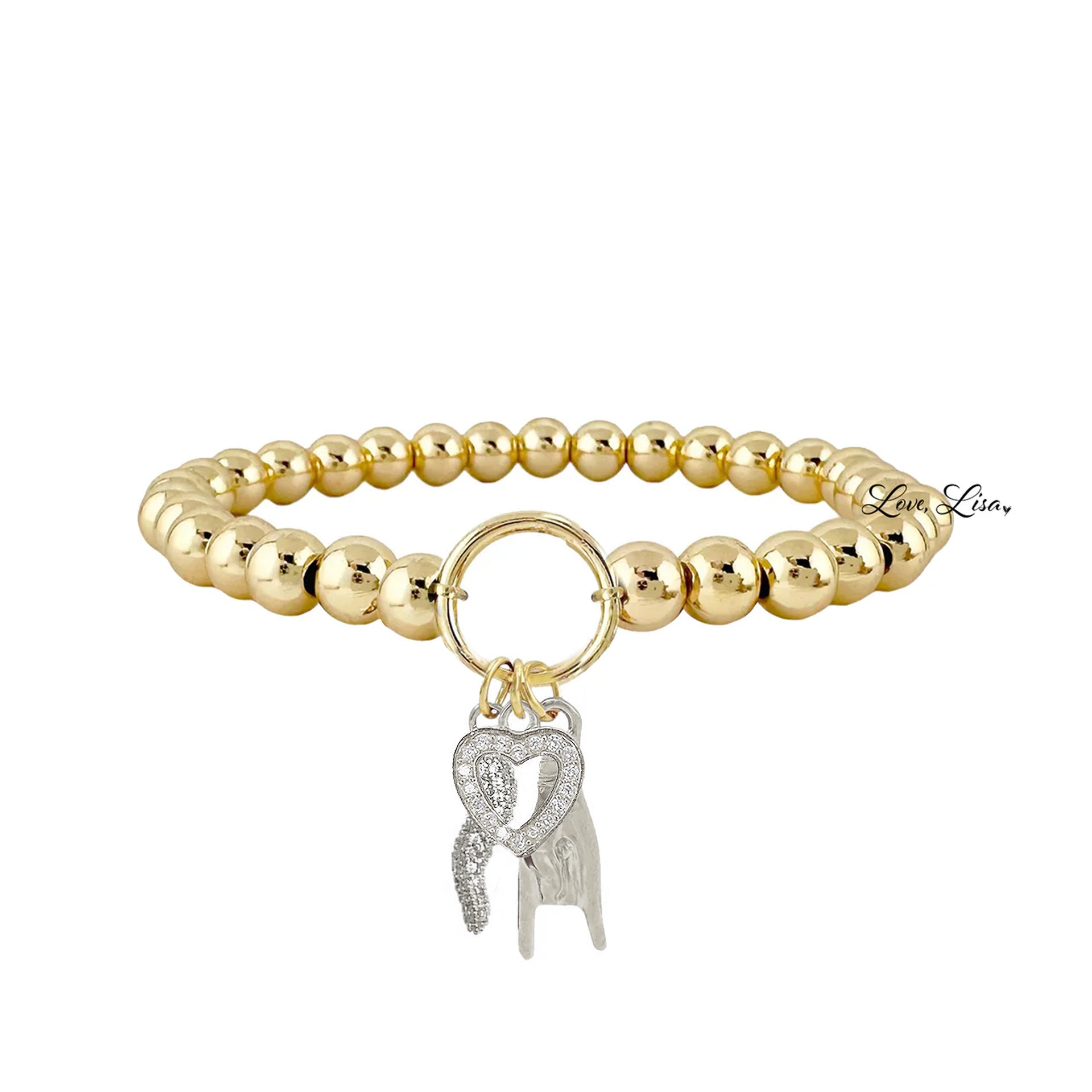 gold italian horn heart charm bracelet with silver pave horn pavé heart and mano cornuta on beaded stretch bracelet
