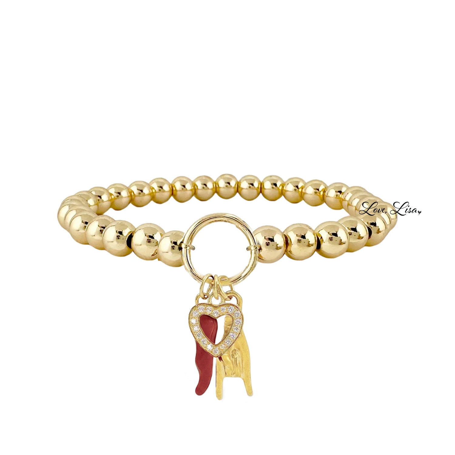 Love Lisa Mariano love protection bracelet gold with red Italian horn heart and hand charms
