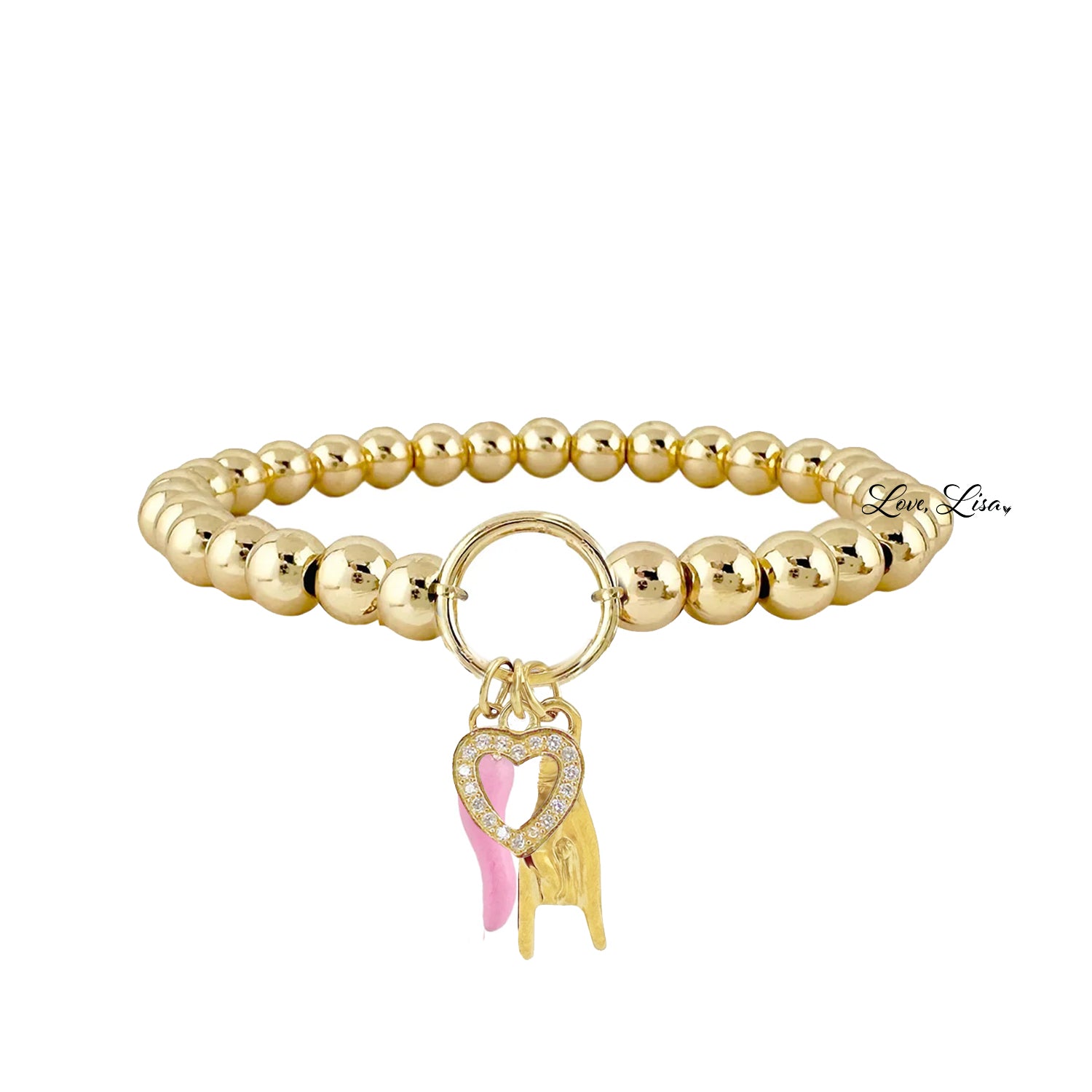 Love Lisa gold italian horn heart charm bracelet with pink enamel horn pavé heart and mano cornuta on 6mm beaded stretch bracelet
