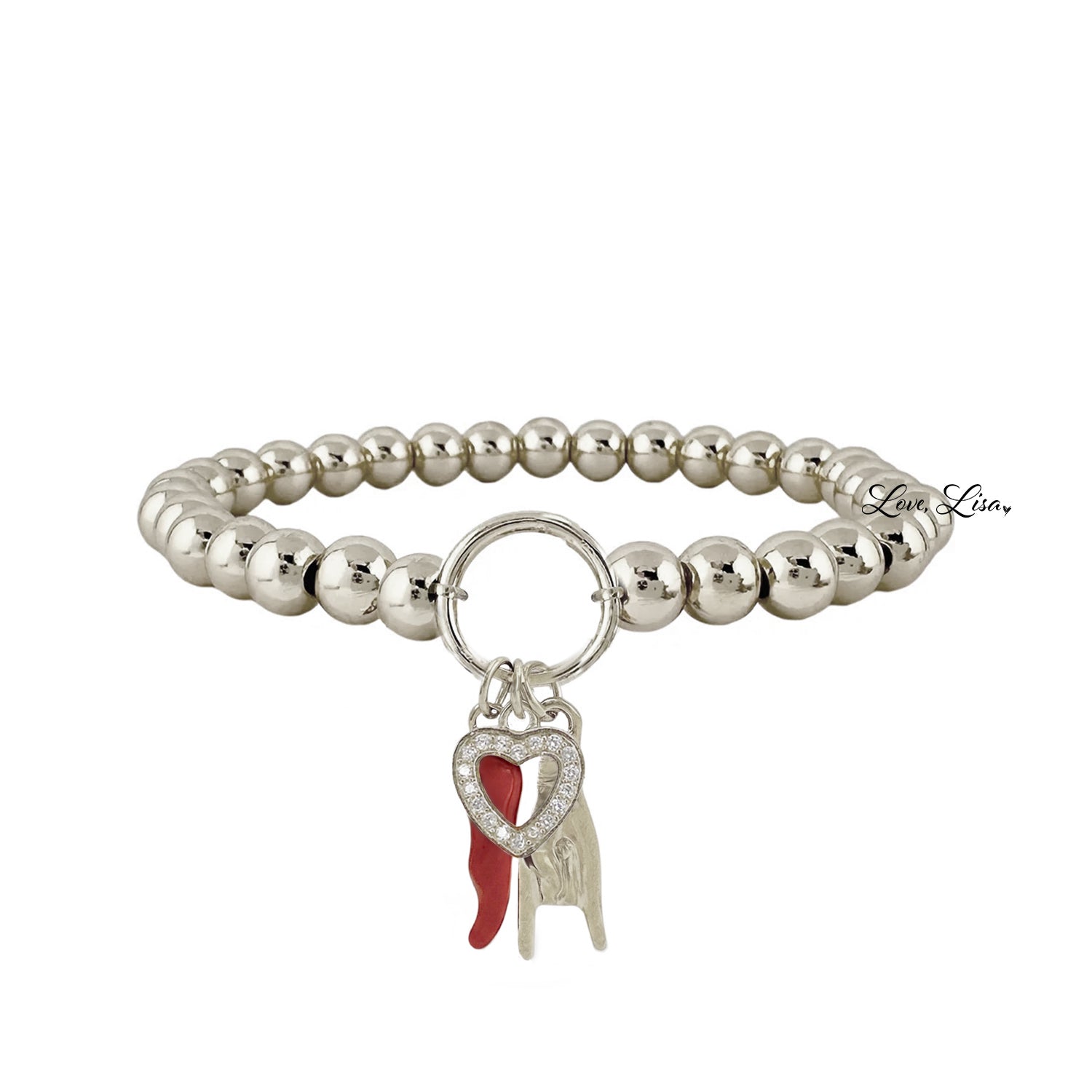 silver italian horn heart charm bracelet with red enamel horn pavé heart and mano cornuta on beaded bracelet
