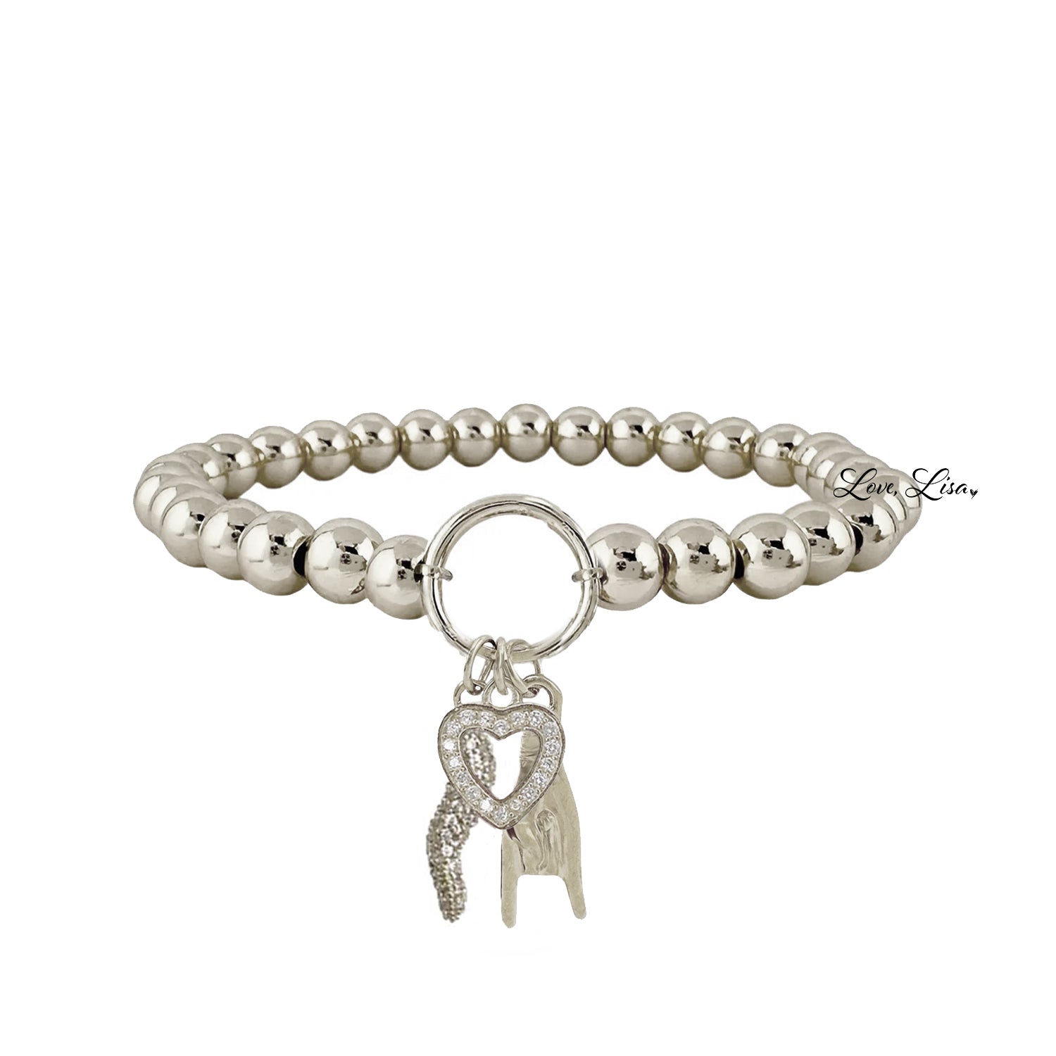 silver italian horn heart charm bracelet with silver pave horn pavé heart and mano cornuta on beaded stretch bracelet
