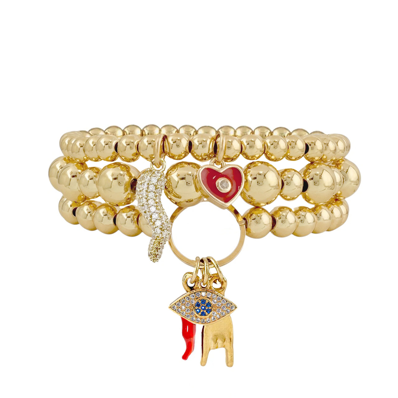 Love Lisa Mariano Italian protection charm bracelet stack with heart horn hand and eye charms