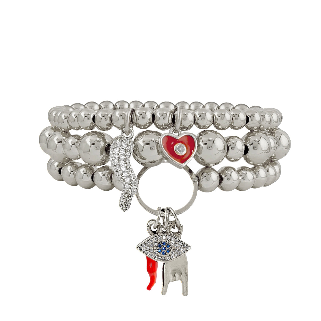Love Lisa Mariano Italian protection charm bracelet stack in silver with heart horn hand and eye charms