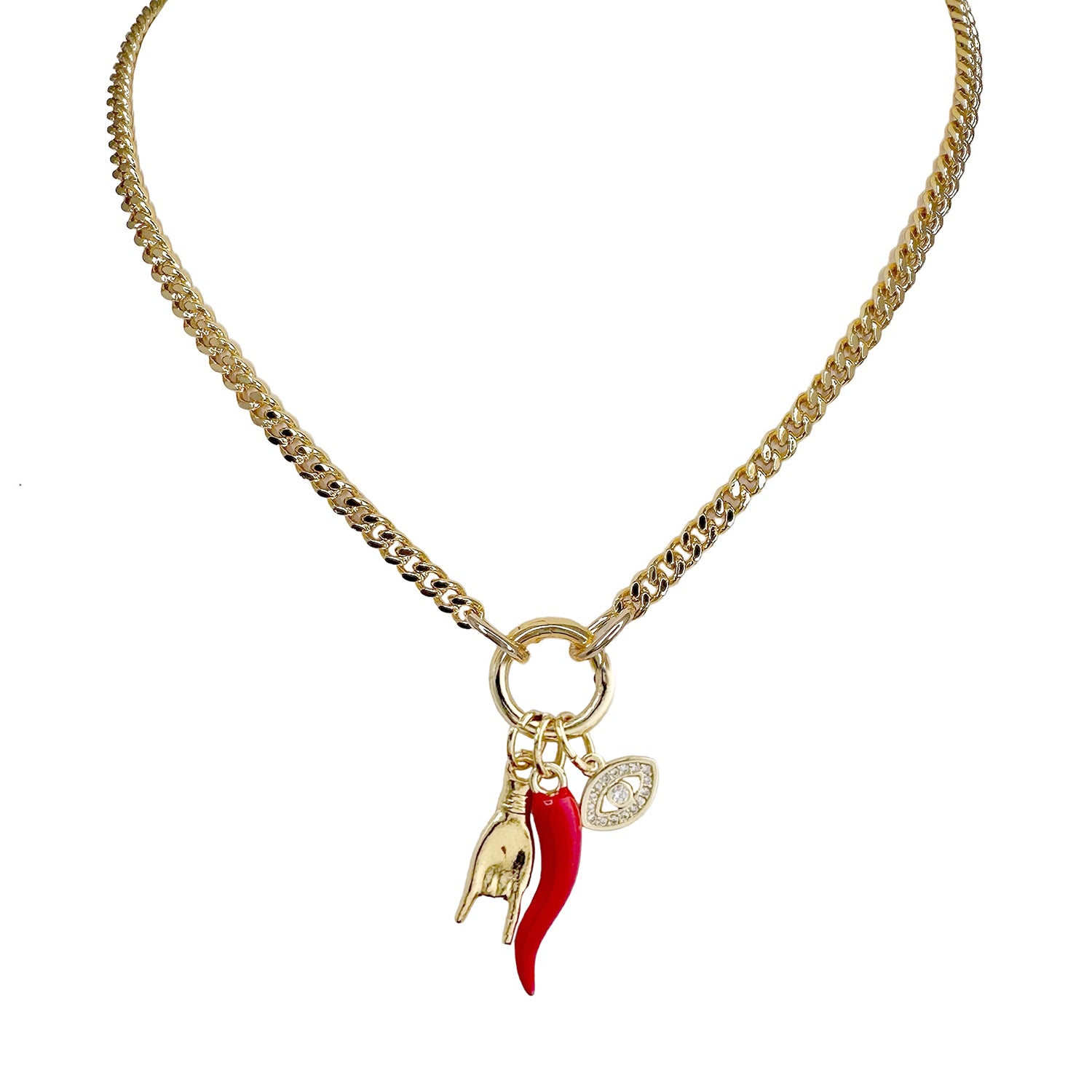 love lisa mariano italian protection charm necklace gold curb chain cornicello evil eye mano charm jewelry