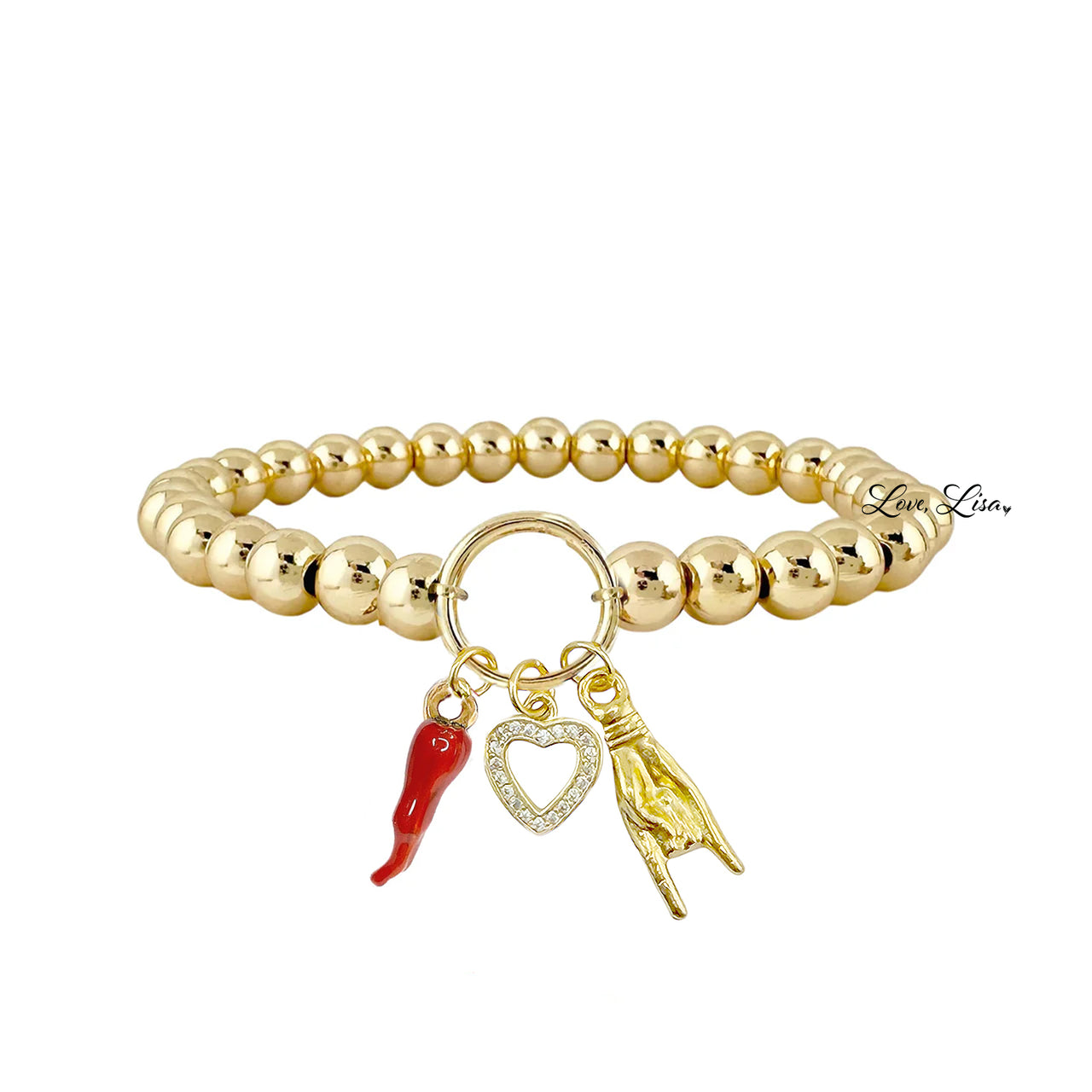 Love Lisa Mariano love protection bracelet gold with red Italian horn heart and hand charms