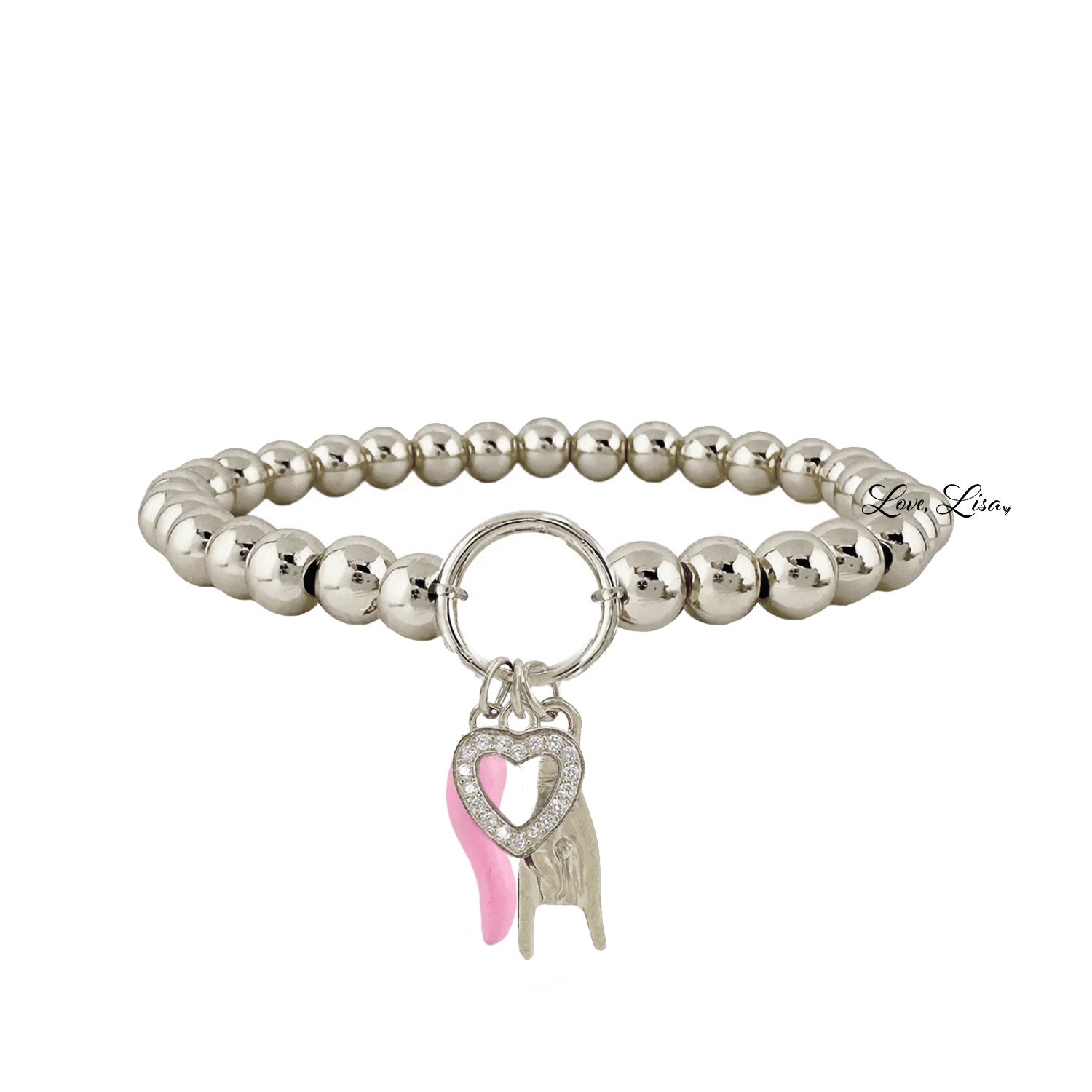 Mariano love protection bracelet silver with light pink Italian horn heart and hand charms