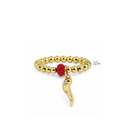 Mariano Luxe Italian Horn Stretch Ring in gold with polished beaded stretch band, faceted red crystal accent, and pavé Italian horn charm isolated on a white background.