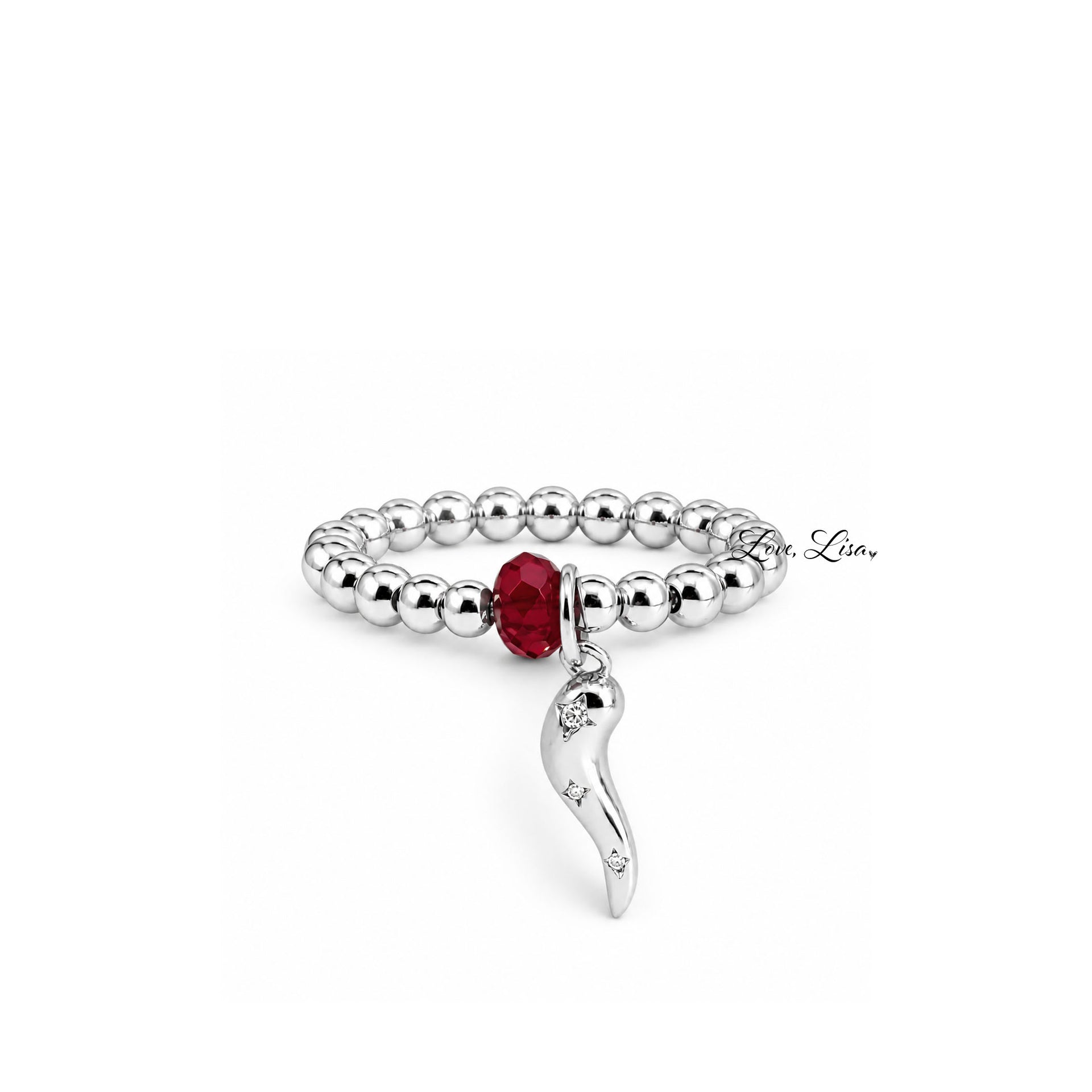 Mariano Luxe Italian Horn Stretch Ring in silver with 3mm beads red crystal accent and pavé Italian horn charm