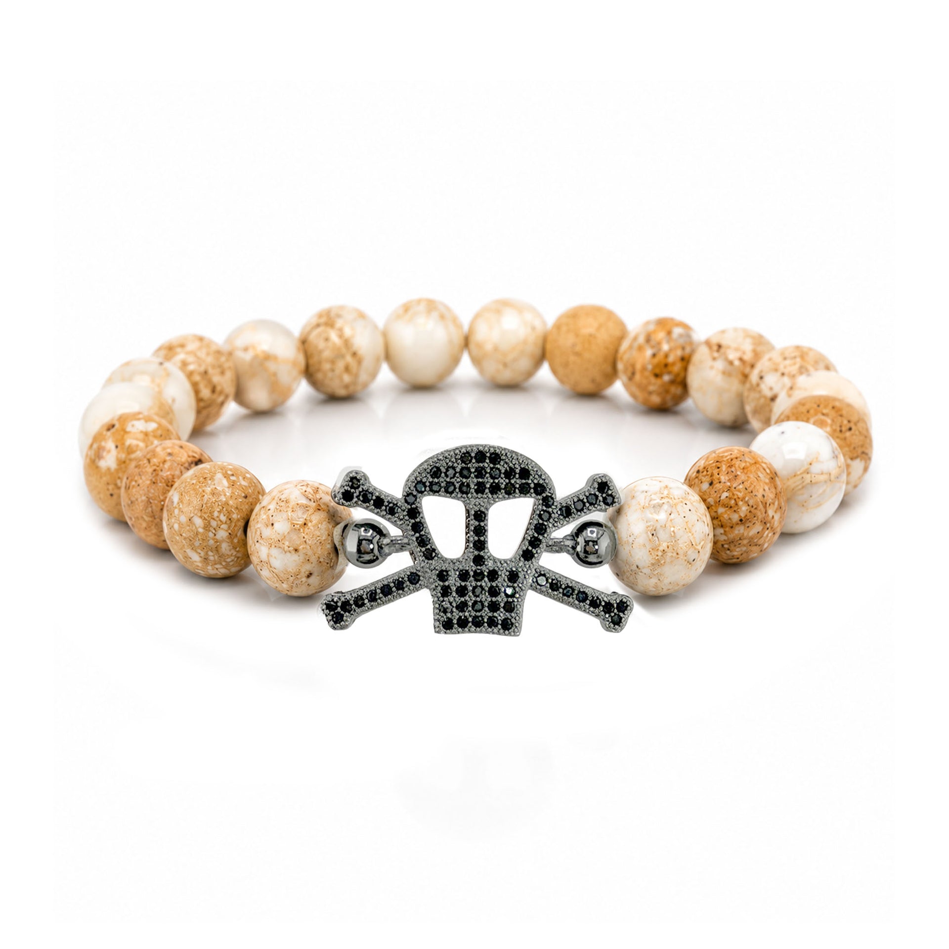 Marina Skull Gemstone Bracelet in Beige with sea sediment jasper beads and pavé skull centerpiece