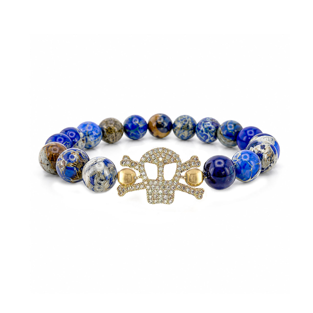 Marina Skull Gemstone Bracelet in Blue with sea sediment jasper beads and pavé skull centerpiece