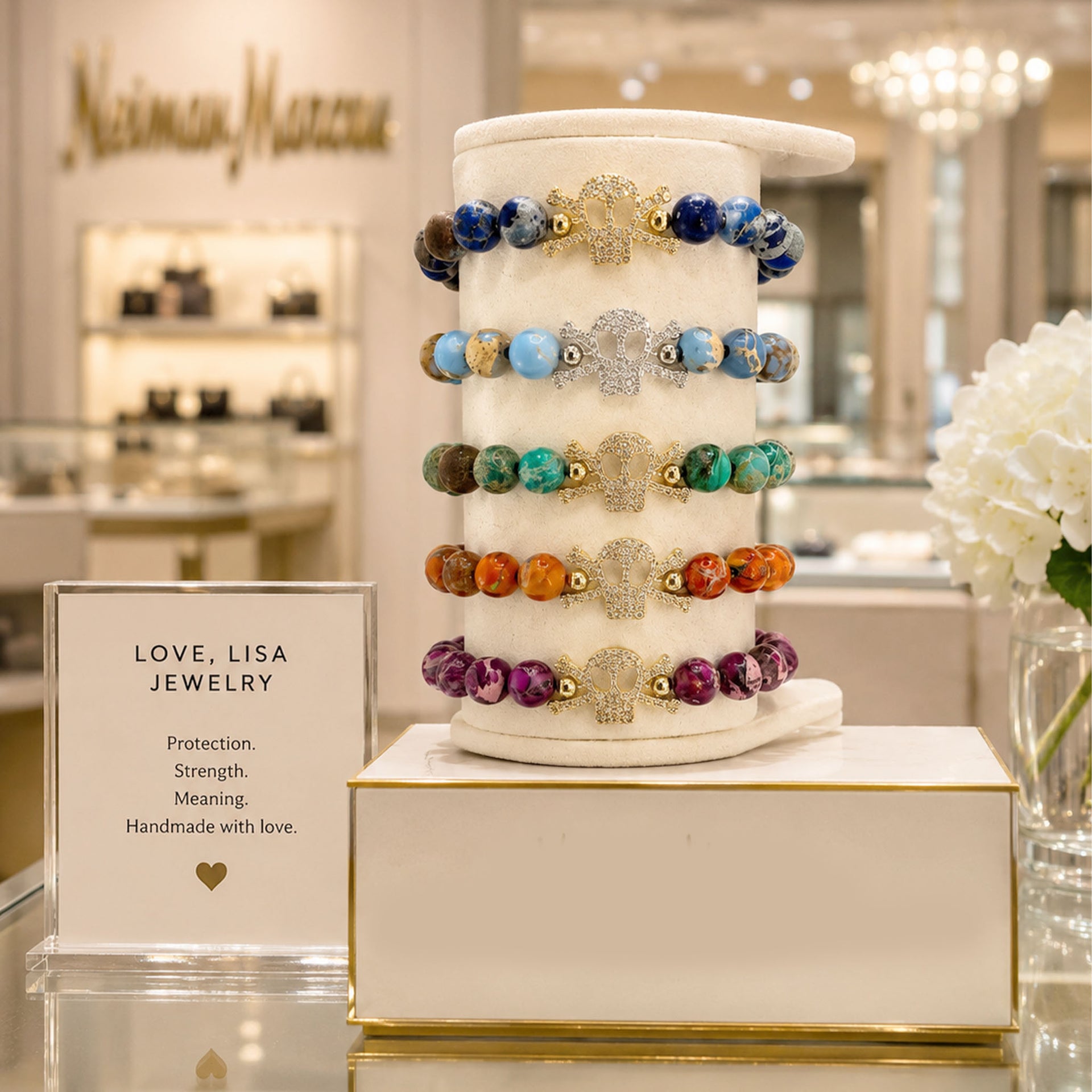 Love Lisa Marina Skull Gemstone Bracelets displayed in colorful sea sediment jasper bead styles with pavé skull charms