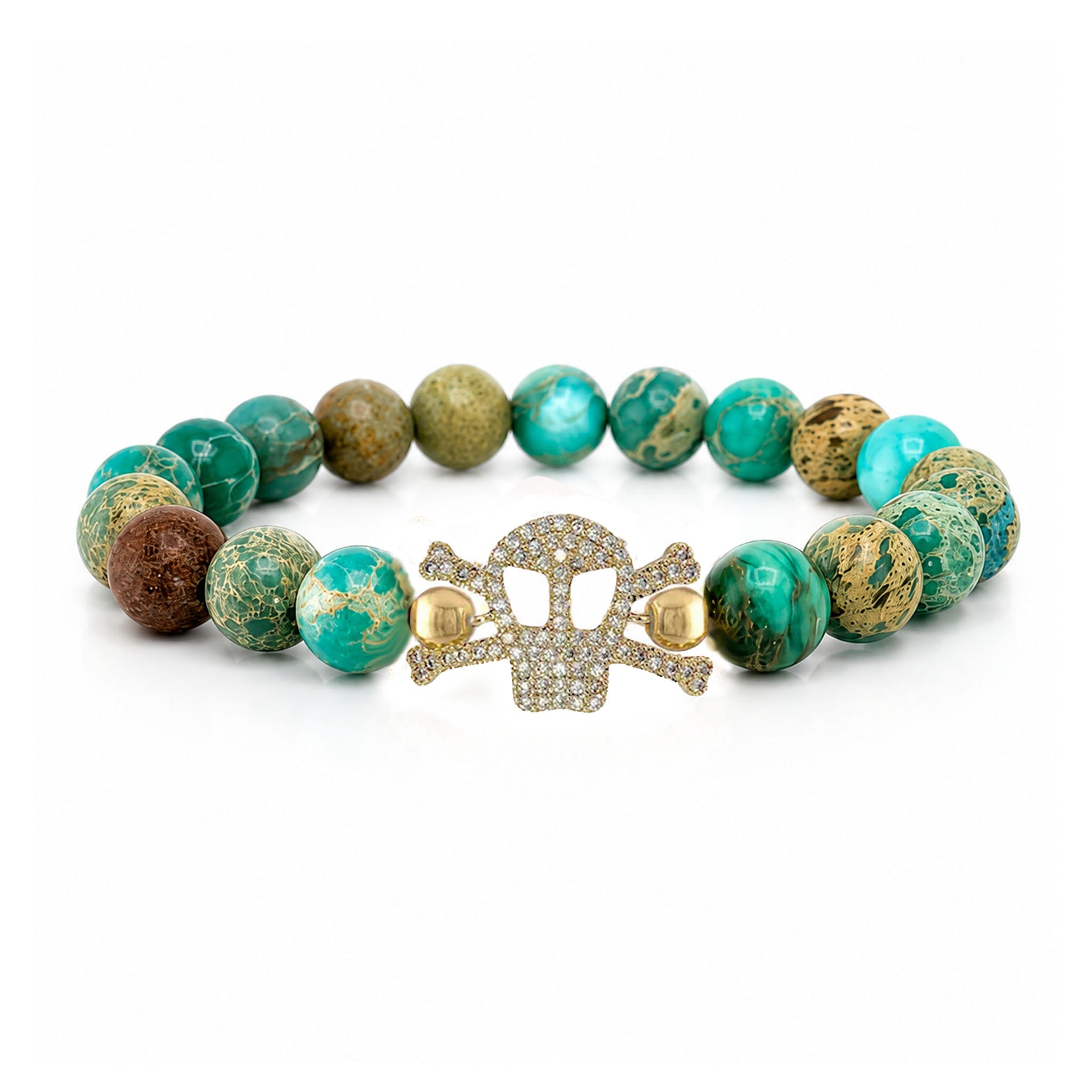 Marina Skull Gemstone Bracelet in Green with sea sediment jasper beads and pavé skull centerpiece