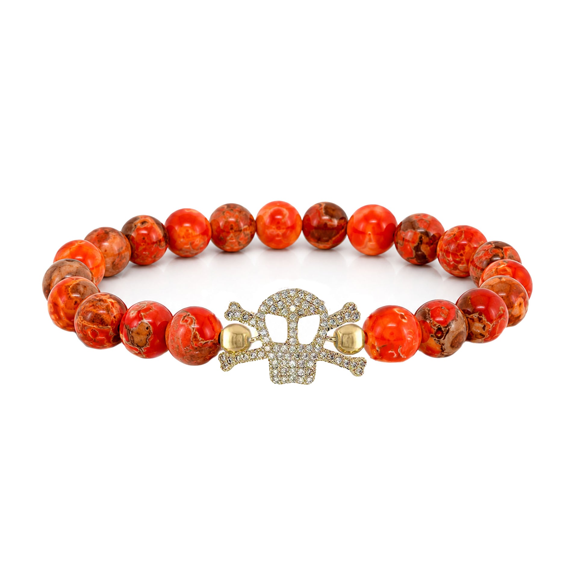 Marina Skull Gemstone Bracelet in Orange with sea sediment jasper beads and pavé skull centerpiece