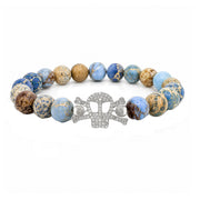 Marina Skull Gemstone Bracelet in Sand Blue with sea sediment jasper beads and pavé skull centerpiece