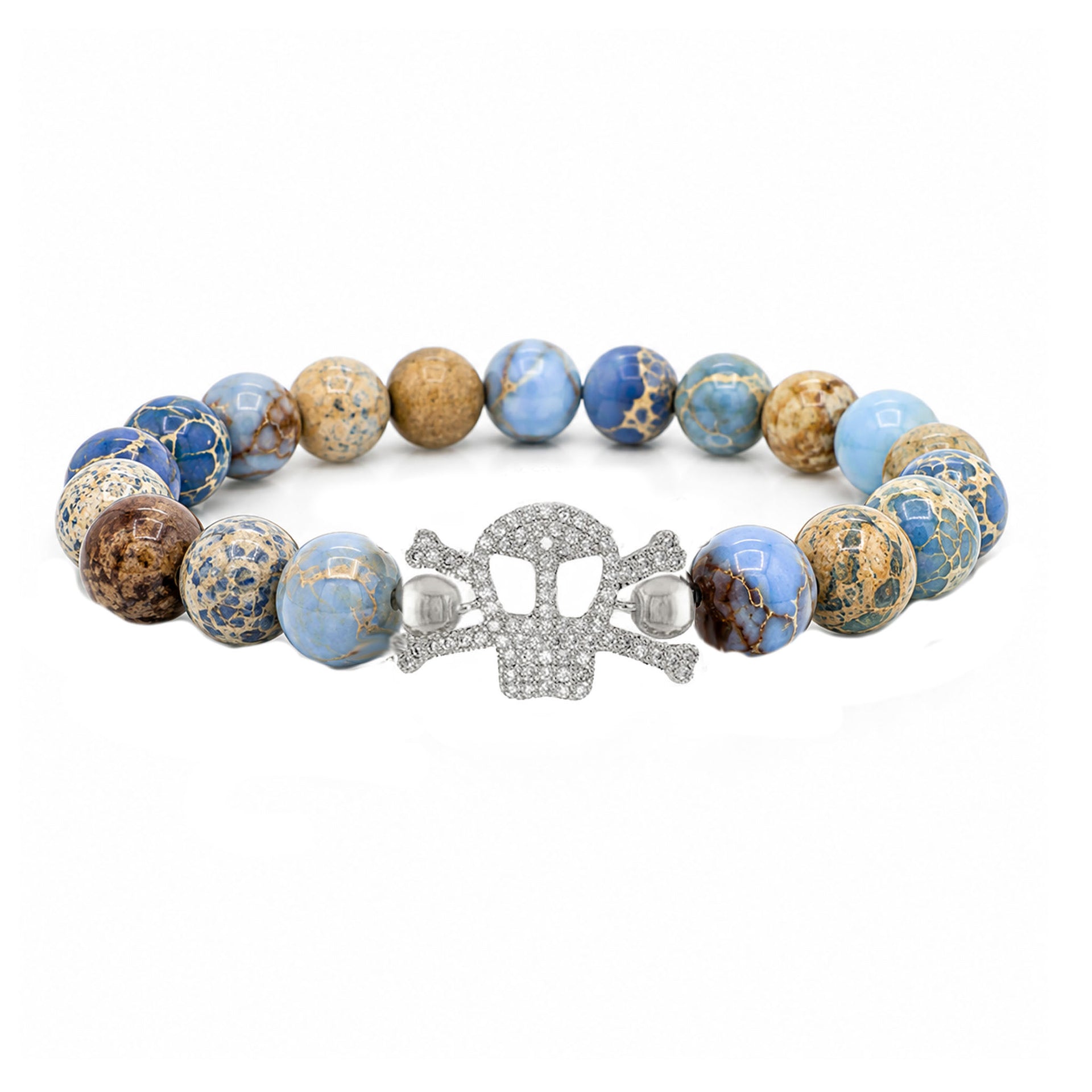Marina Skull Gemstone Bracelet in Sand Blue with sea sediment jasper beads and pavé skull centerpiece