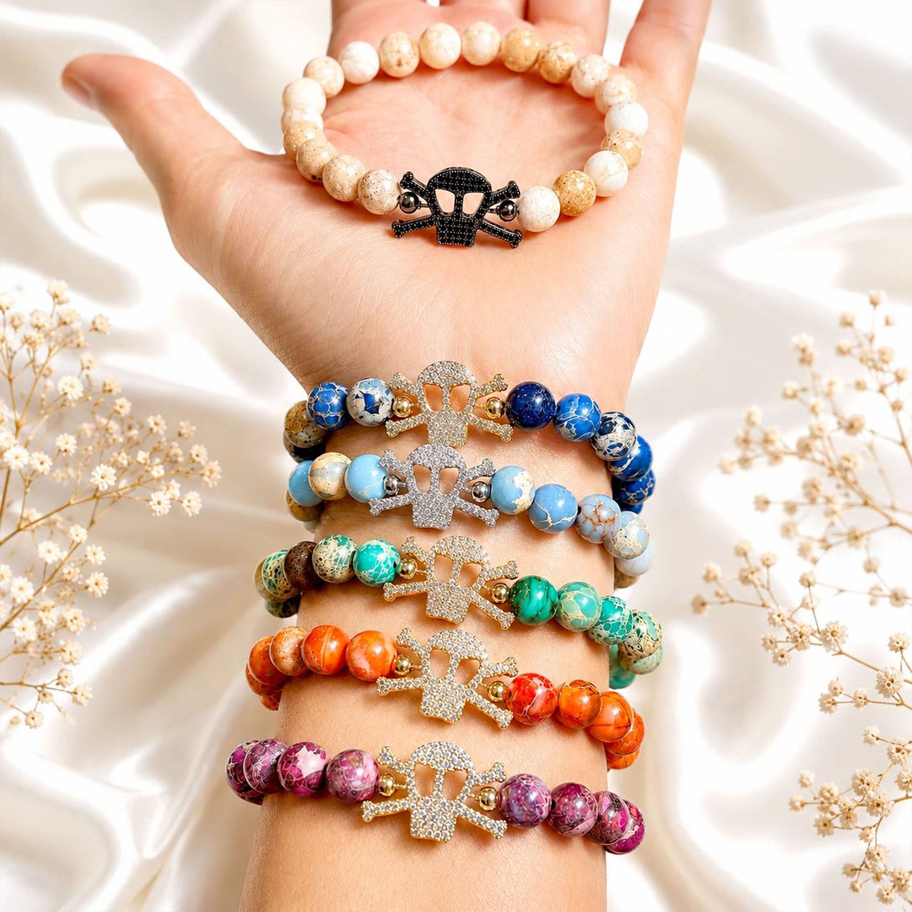 Love Lisa Marina Skull Gemstone Bracelet worn in a colorful gemstone bracelet stack with pavé skull charms