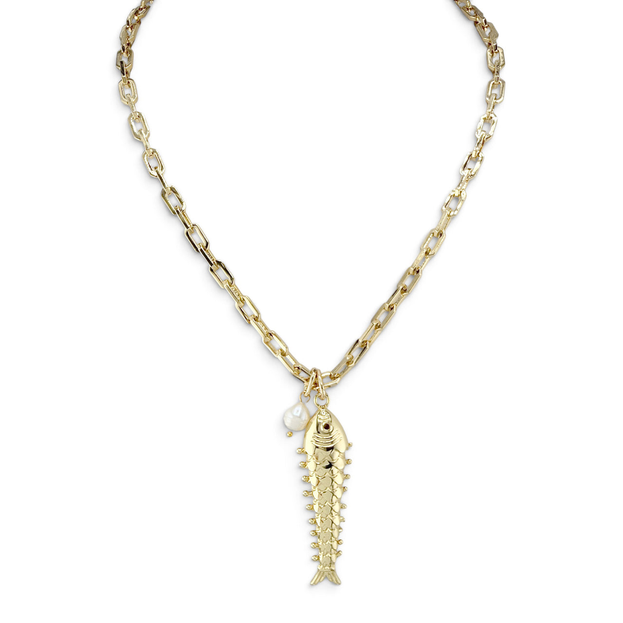 Love Lisa Maris Pearl Fish Charm Necklace with polished gold paperclip chain freshwater pearl accent and gold fish charm