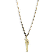 A gold chain necklace featuring a small fish skeleton pendant and a tiny white pearl charm, displayed against a solid white background.