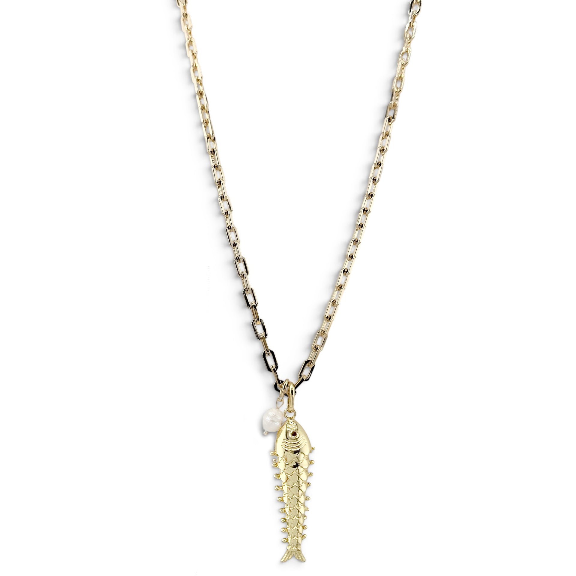 A gold chain necklace featuring a small fish skeleton pendant and a tiny white pearl charm, displayed against a solid white background.
