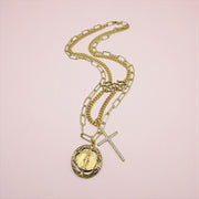 Martina Blessed Mother medallion and crystal cross layered necklace close detail