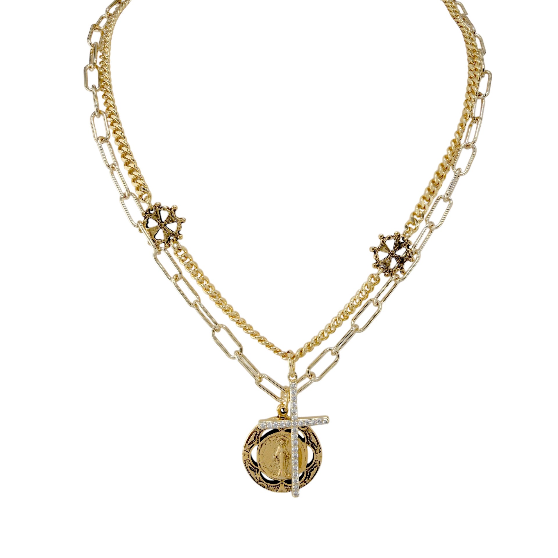 Love Lisa Martina Blessed Mother cross necklace layered gold tone faith jewelry