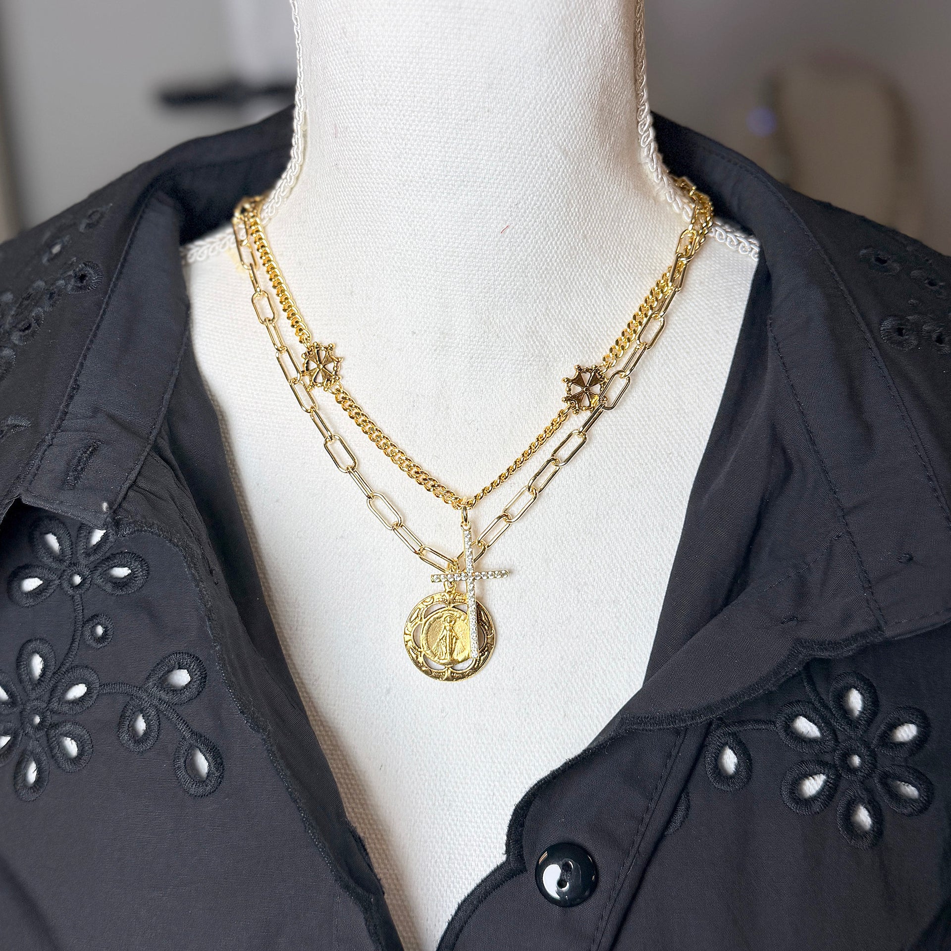 Love Lisa Martina Blessed Mother cross necklace layered gold tone faith jewelry