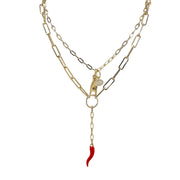 Martina Necklace in gold with layered paperclip chain featuring Italian horn and Mano Cornuto charms.