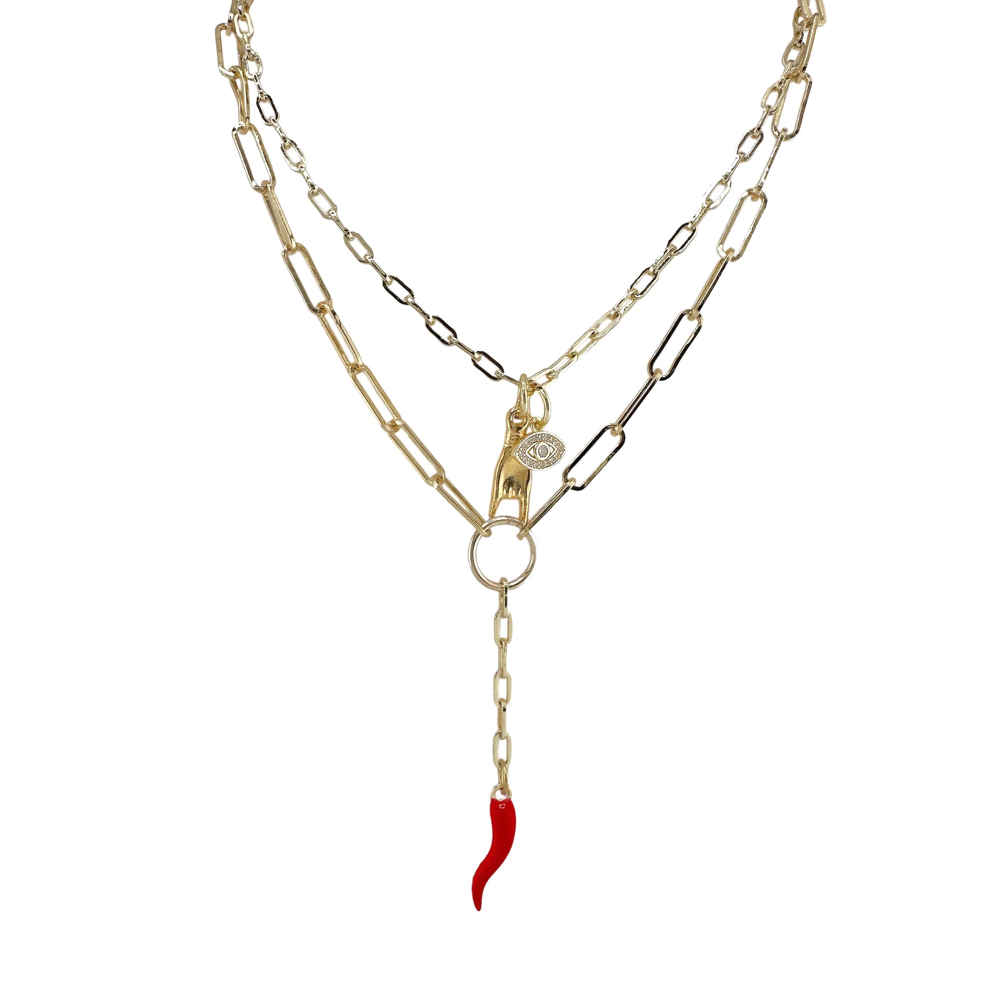 Martina Necklace in gold with layered paperclip chain featuring Italian horn and Mano Cornuto charms.