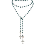 mary cross rosary lariat necklace blue beaded chain with crystal accents and cross pendants
