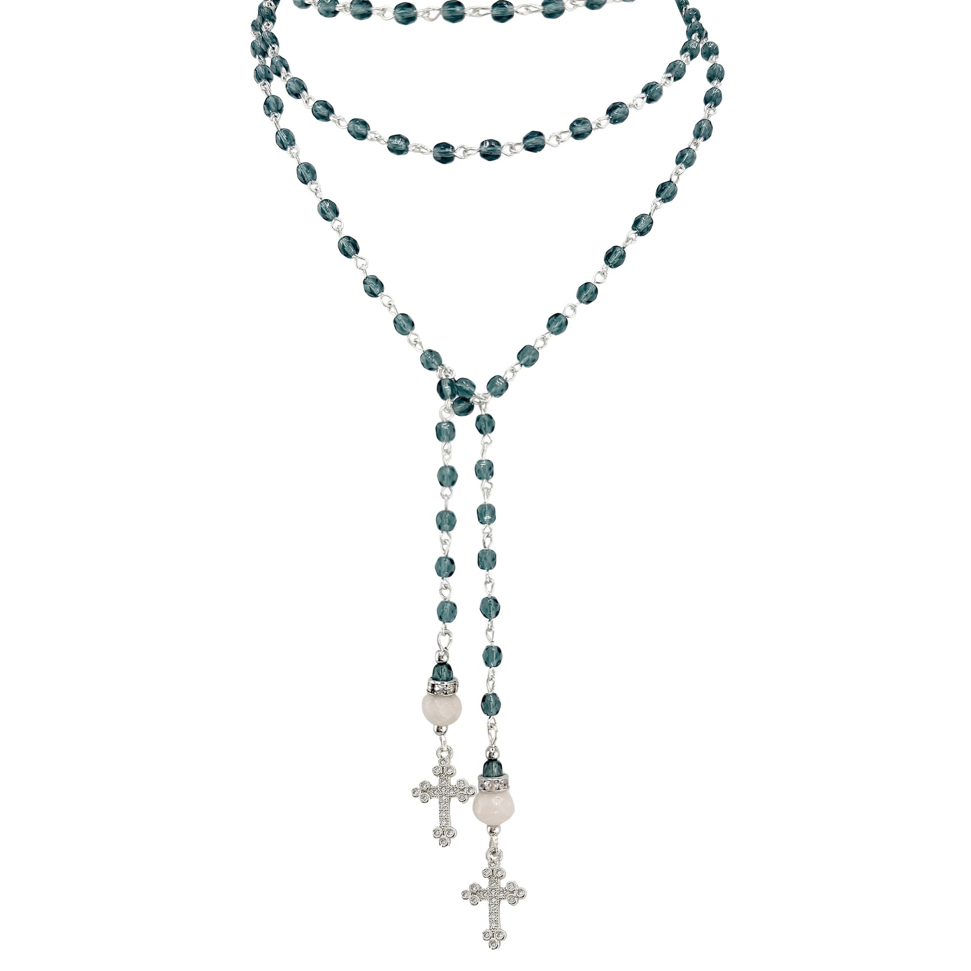 mary cross rosary lariat necklace blue beaded chain with crystal accents and cross pendants
