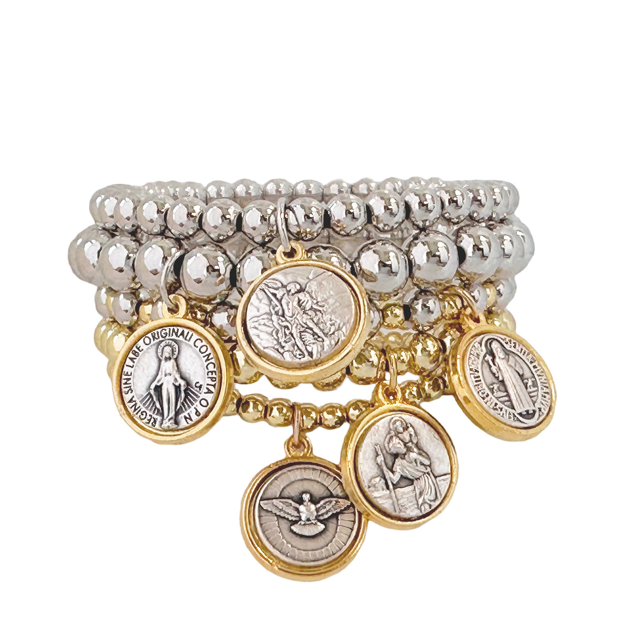 love lisa mary stack of 5 religious prayer bracelets silver bead catholic medal charm stack