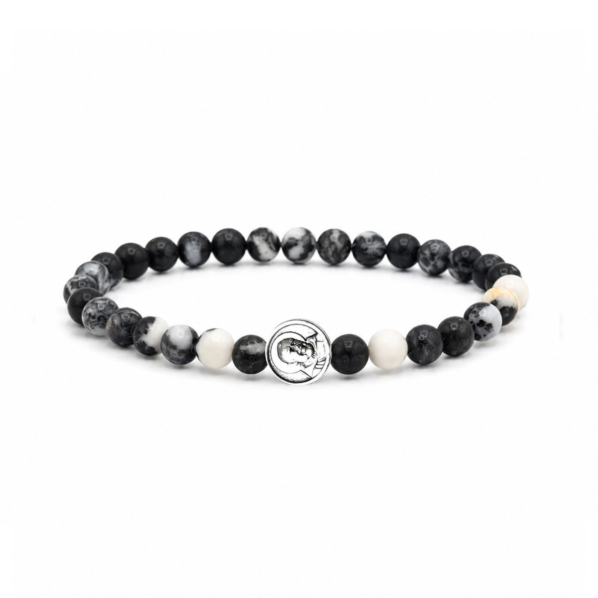 Matteo Men’s Padre Pio Gemstone Bracelet in Black & White Jasper with silver-tone Padre Pio medal