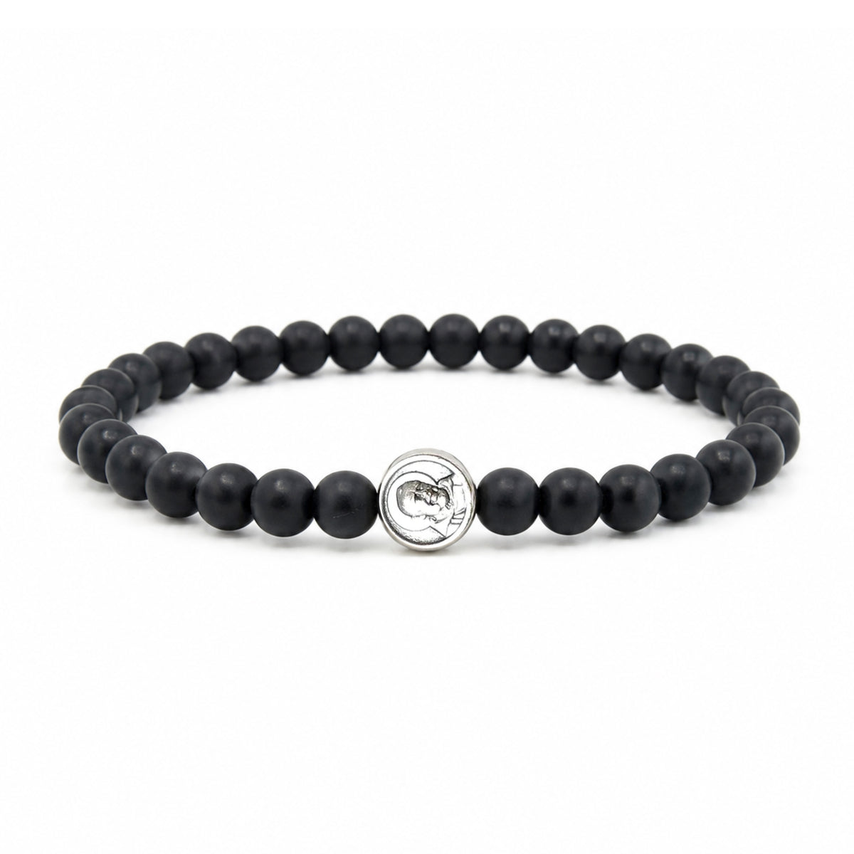 Matteo Men’s Padre Pio Gemstone Bracelet in Matte Black Onyx with silver-tone Padre Pio medal