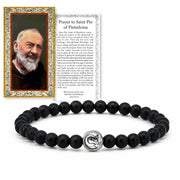 Love Lisa Matteo Men’s Padre Pio Gemstone Bracelet displayed with Padre Pio prayer card and silver-tone medal