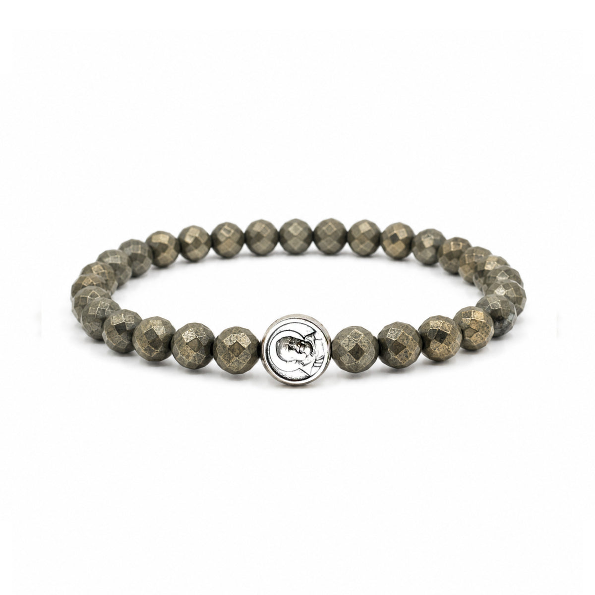 Matteo Men’s Padre Pio Gemstone Bracelet in Pyrite with genuine gemstone beads and silver-tone Padre Pio medal