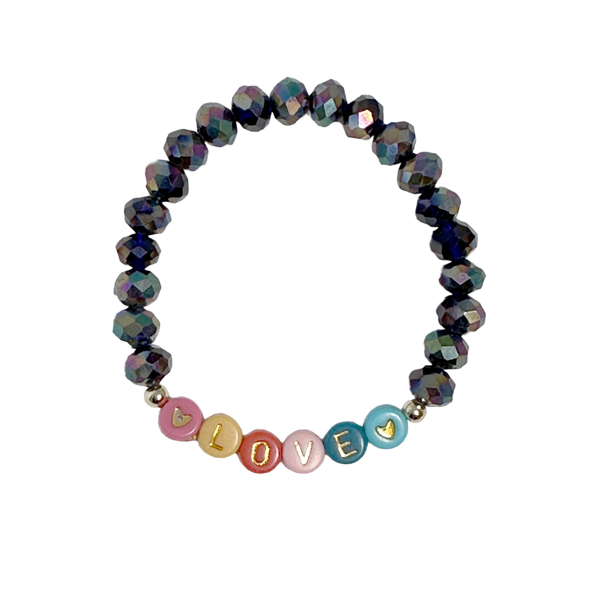 Colorful beaded bracelet with gold letter charms customizable for any word or name